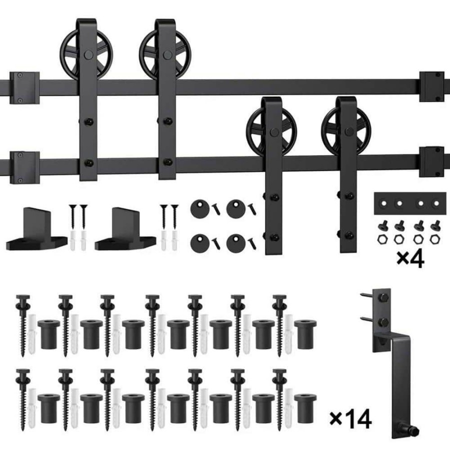 Door Hardware * | Cheap Winsoon 17 Ft./204 In. Black Sliding Bypass Barn Door Hardware Track Kit For Double Doors With Non-Routed Floor Guide