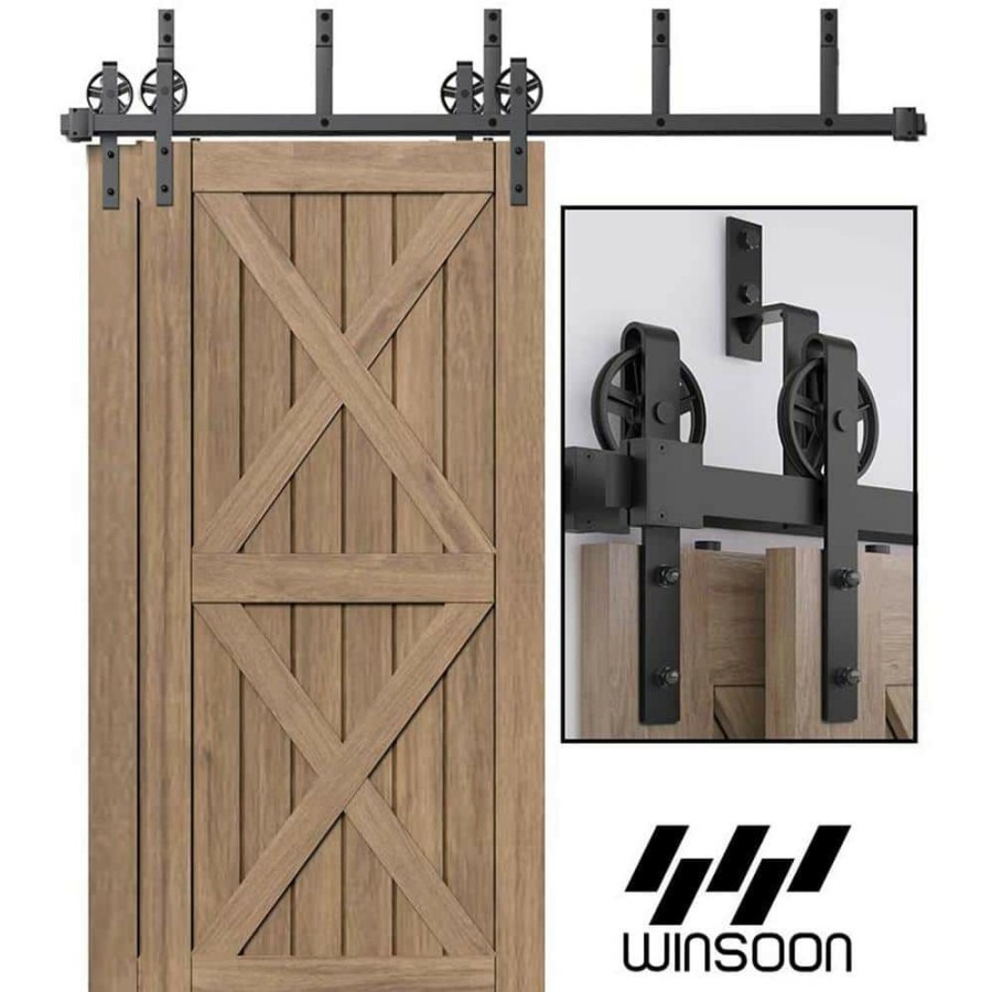 Door Hardware * | Cheap Winsoon 17 Ft./204 In. Black Sliding Bypass Barn Door Hardware Track Kit For Double Doors With Non-Routed Floor Guide