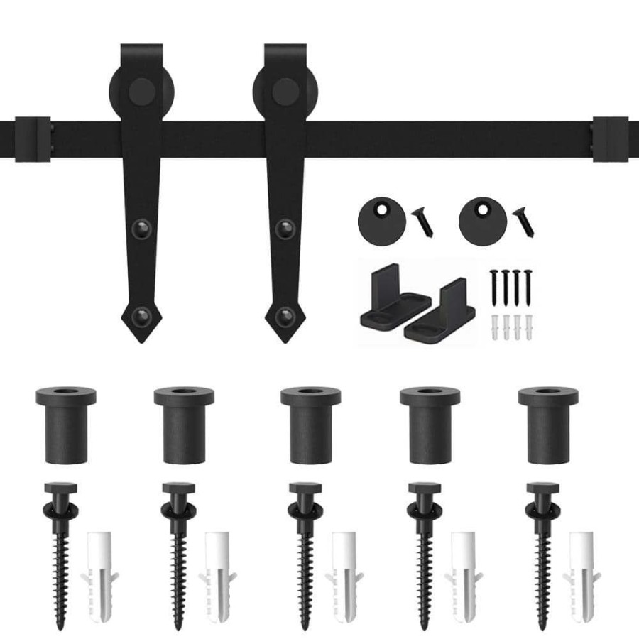 Door Hardware * | New Winsoon 6 Ft. Black Heavy-Duty Steel Rolling Barn Door Hardware Kit For Single Wood Door With Non-Routed Floor Guide