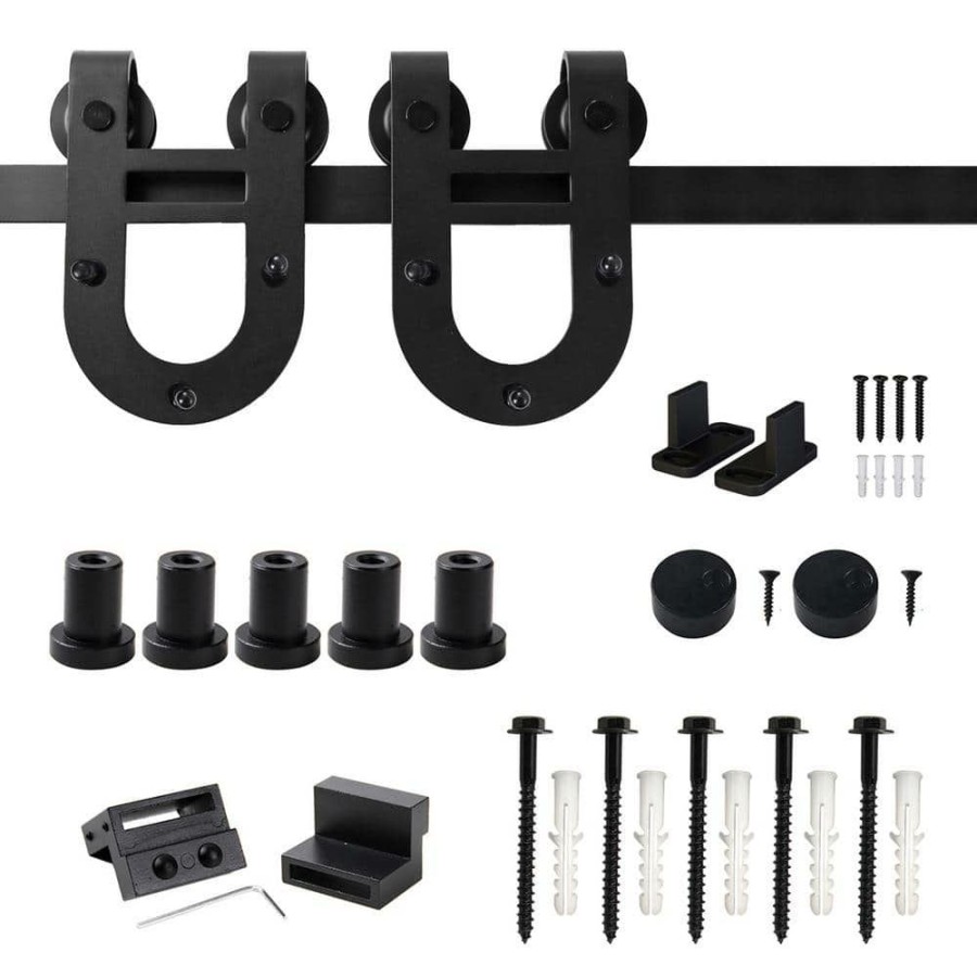 Door Hardware * | Best Pirce Winsoon 6 Ft./72 In. Black Horseshoe Classic Bent Strap Barn Style Sliding Door Track And Hardware Set Non-Routed Door Guide