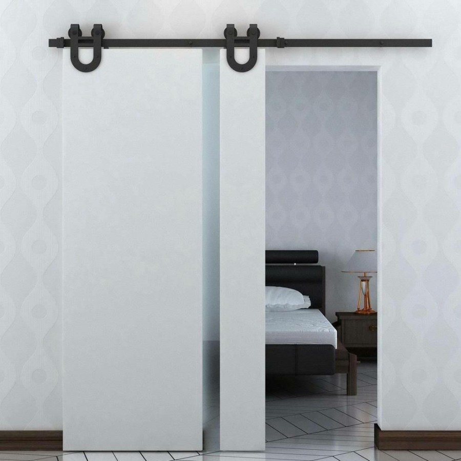 Door Hardware * | Best Pirce Winsoon 6 Ft./72 In. Black Horseshoe Classic Bent Strap Barn Style Sliding Door Track And Hardware Set Non-Routed Door Guide