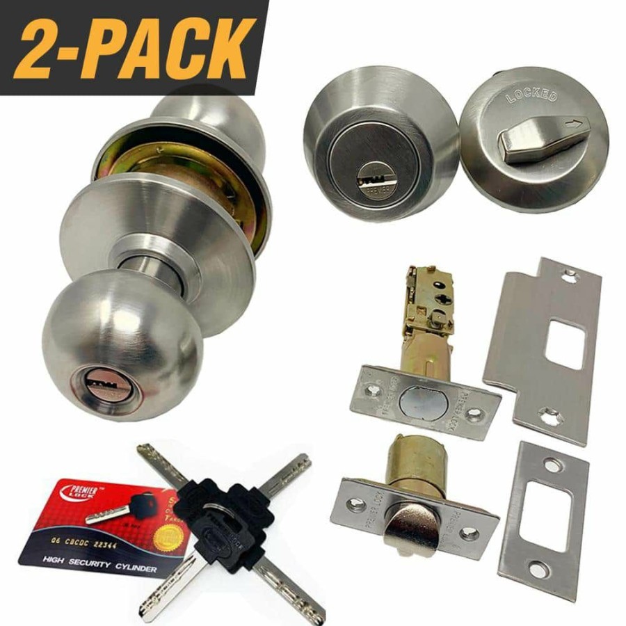 Door Hardware * | New Premier Lock High Security Stainless Steel Combo Lock Set With Keyed-Alike Door Knob And Deadbolt (2-Pack)