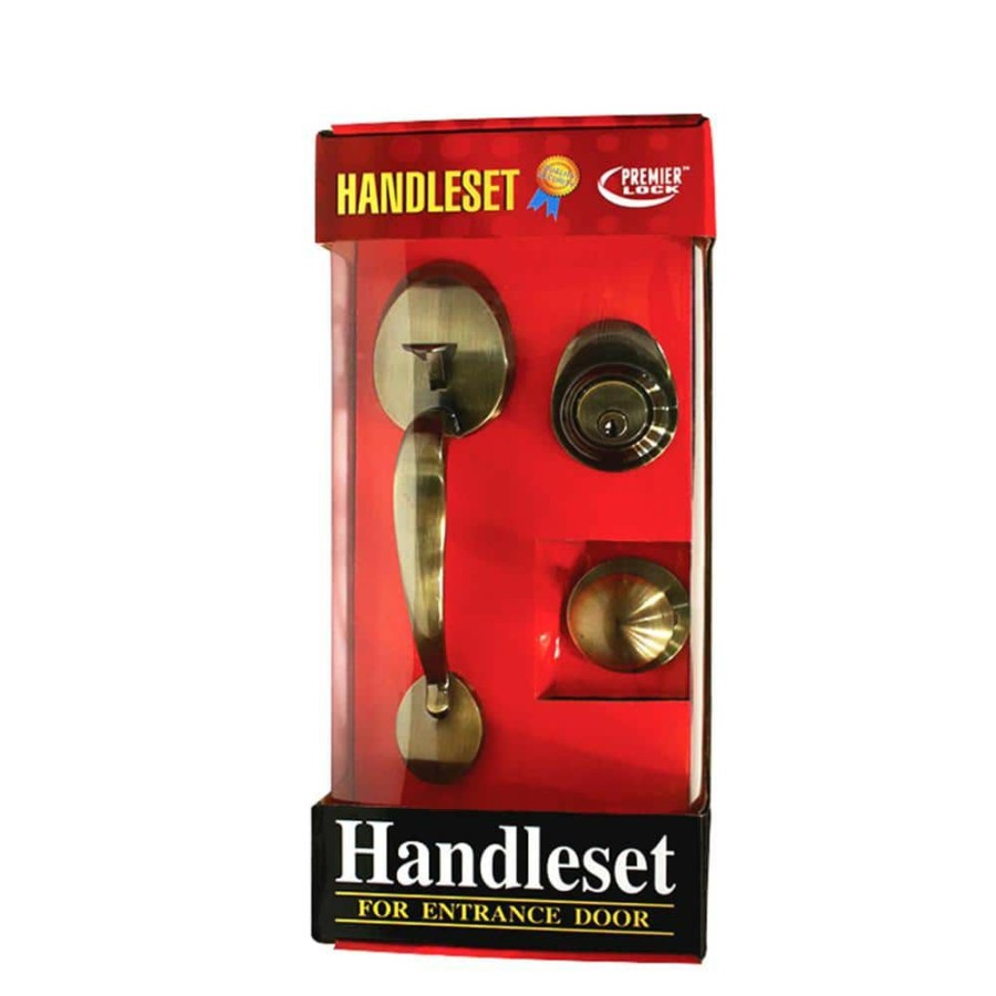 Door Hardware * | New Premier Lock Antique Brass Single Cylinder Door Handleset With Keyed Deadbolt Lock, Inside Knob And 3 Kw1 Keys