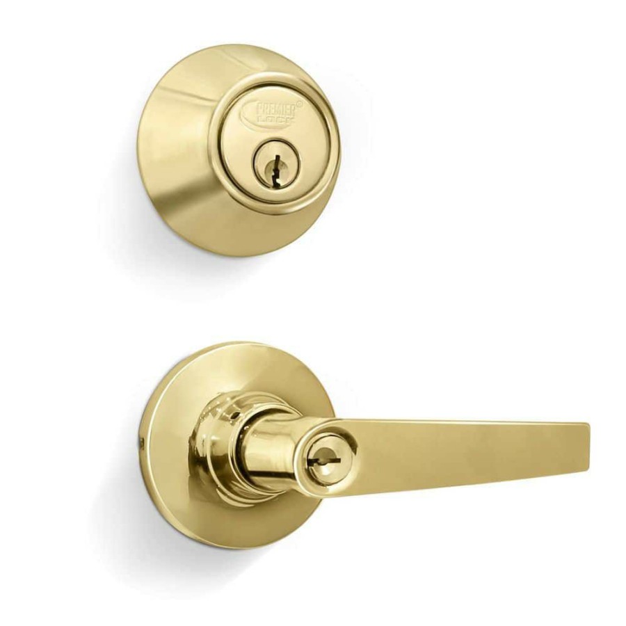 Door Hardware * | Top 10 Premier Lock Polished Brass Entry Lock Set Door Lever Handle And Deadbolt Keyed Alike Sc1 Keyway. 12 Total Keys, Keyed Alike By Set