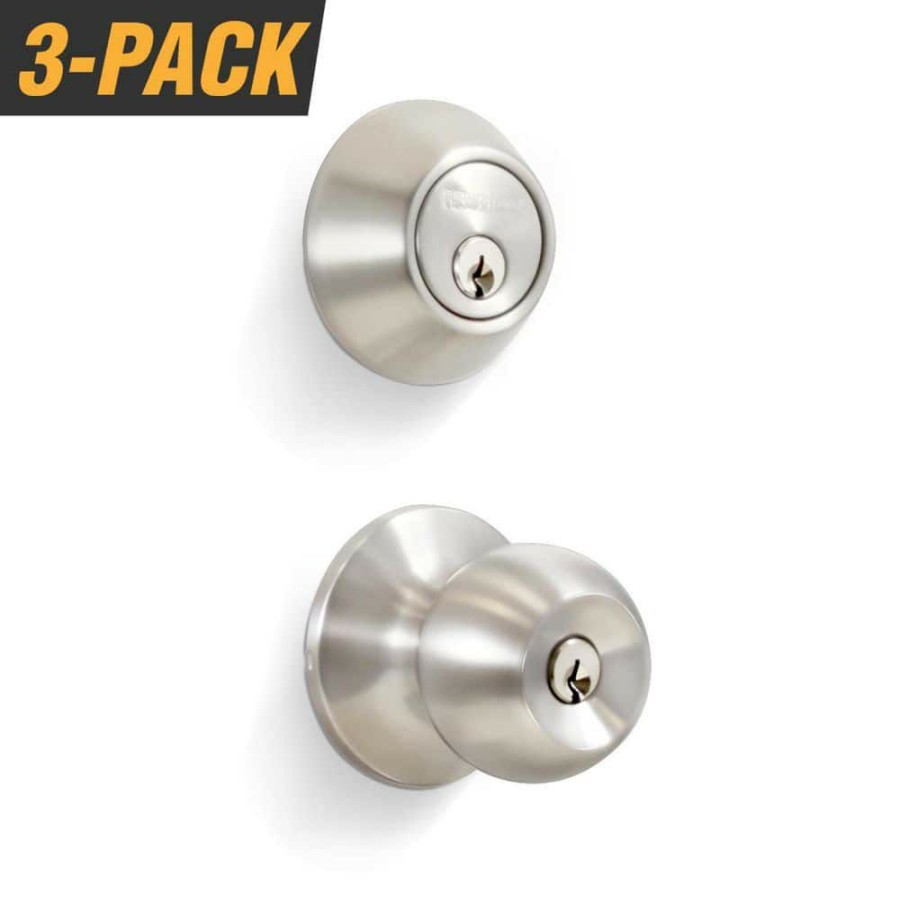 Door Hardware * | New Premier Lock Stainless Steel Entry Door Knob Combo Lock Set With Deadbolt And 18 Keys Total, (3-Pack, Keyed Alike)