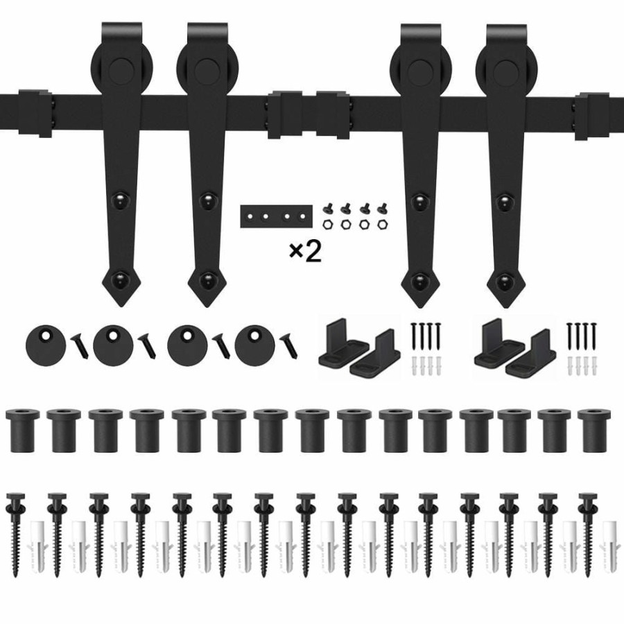 Door Hardware * | Wholesale Winsoon 18 Ft./216 In. Black Steel Heavy-Duty Rolling Barn Door Hardware Kit For Double Wood Doors With Non-Routed Floor Guide