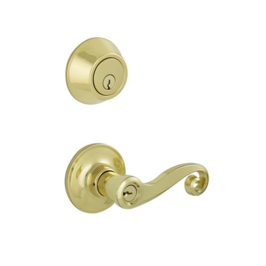 Door Hardware * | Discount Essentials By Schlage Bright Brass Entry Single Cylinder Deadbolt And Acton Keyed Handle Combo Pack