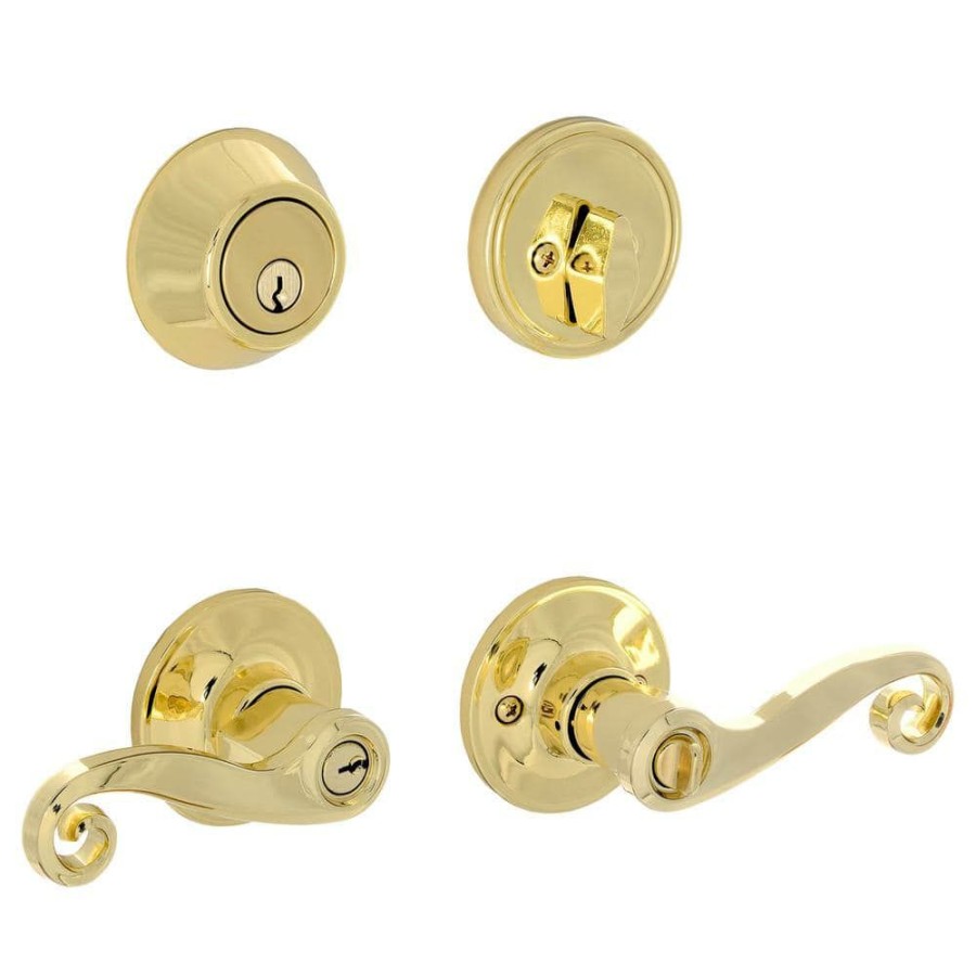 Door Hardware * | Discount Essentials By Schlage Bright Brass Entry Single Cylinder Deadbolt And Acton Keyed Handle Combo Pack