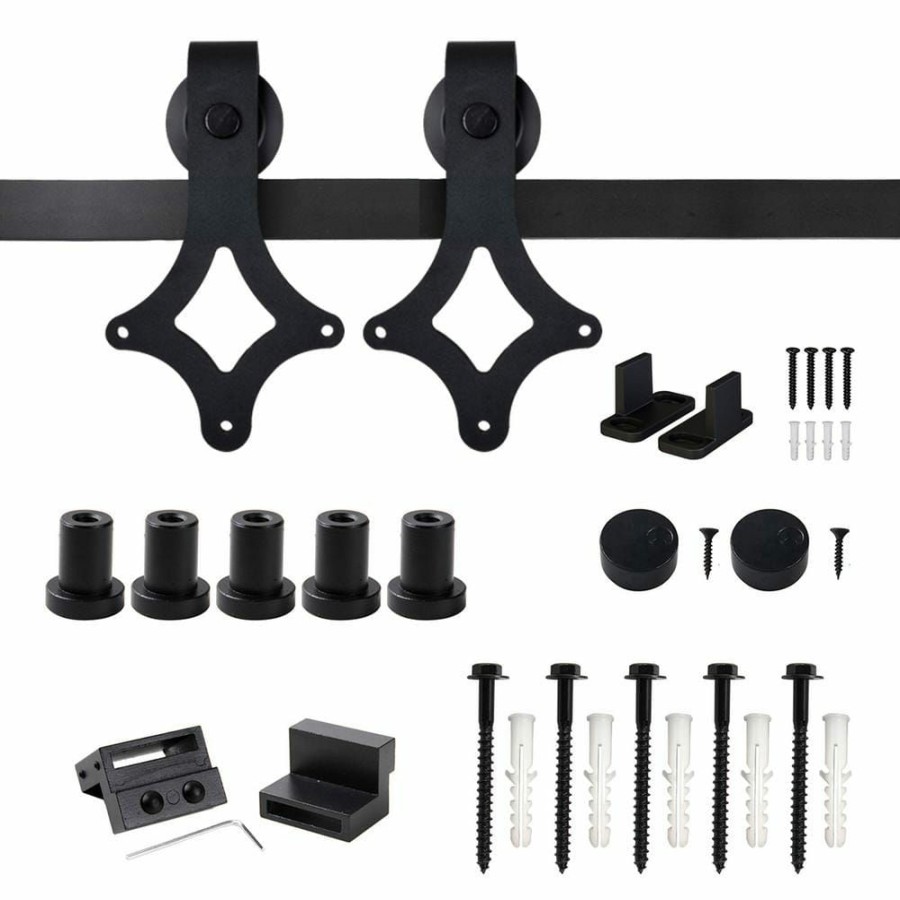 Door Hardware * | Buy Winsoon 6.6 Ft./79 In. Rail Frosted Black Steel Sliding Barn Door Hardware Kit For Single Door With Non-Routed Floor Guide