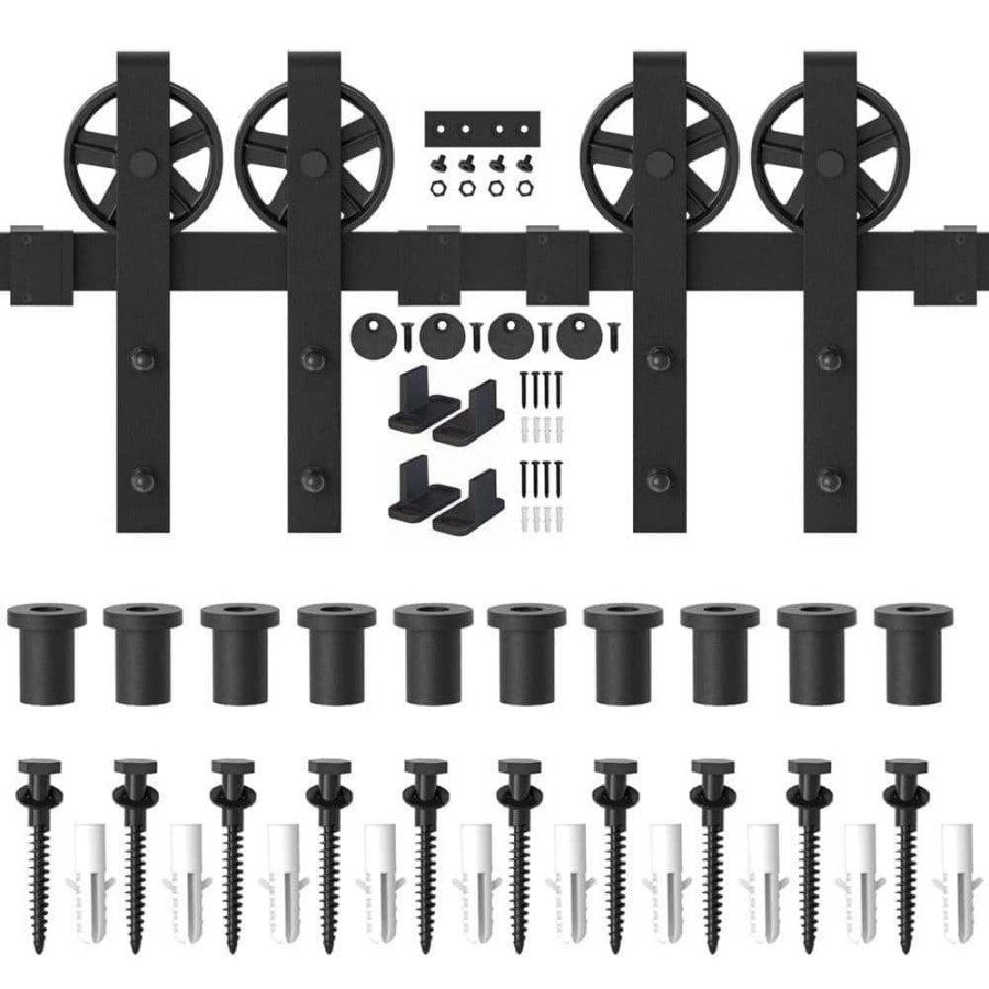 Door Hardware * | Wholesale Winsoon 12 Ft. /144 In. Frosted Black Sliding Barn Door Track And Hardware Kit For Double Doors With Non-Routed Floor Guide