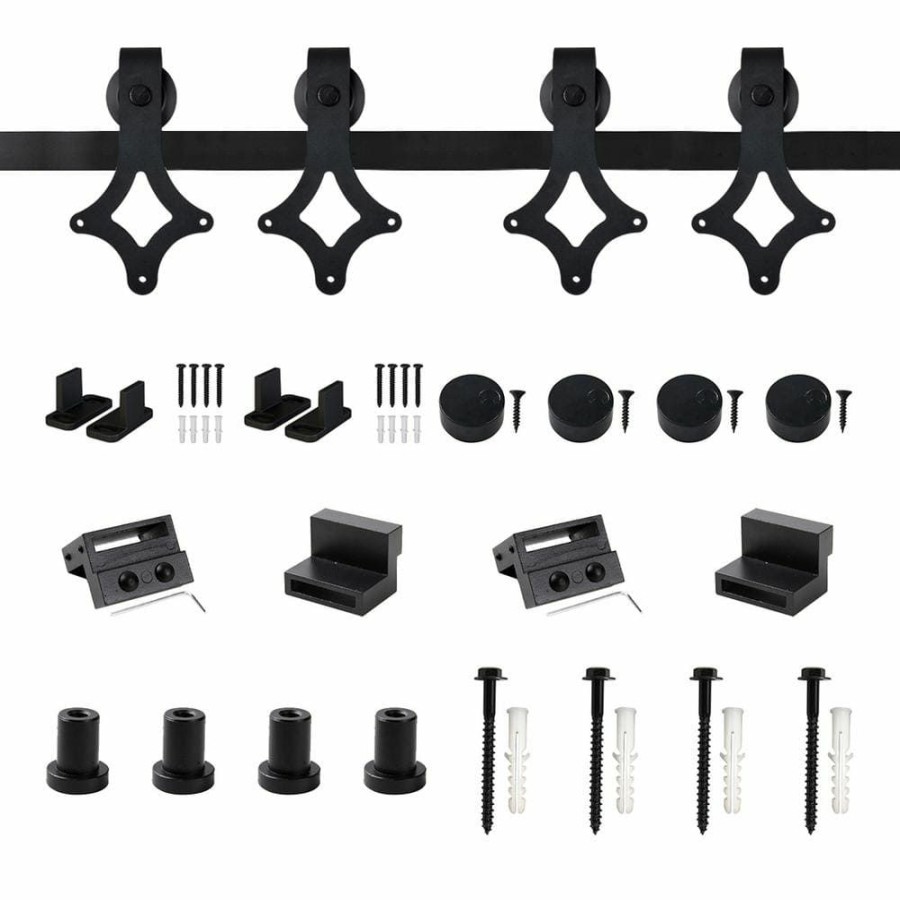 Door Hardware * | Best Pirce Winsoon 5 Ft./60 In. Rail Frosted Black Steel Sliding Barn Door Hardware Kit For Double Doors With Non-Routed Floor Guide