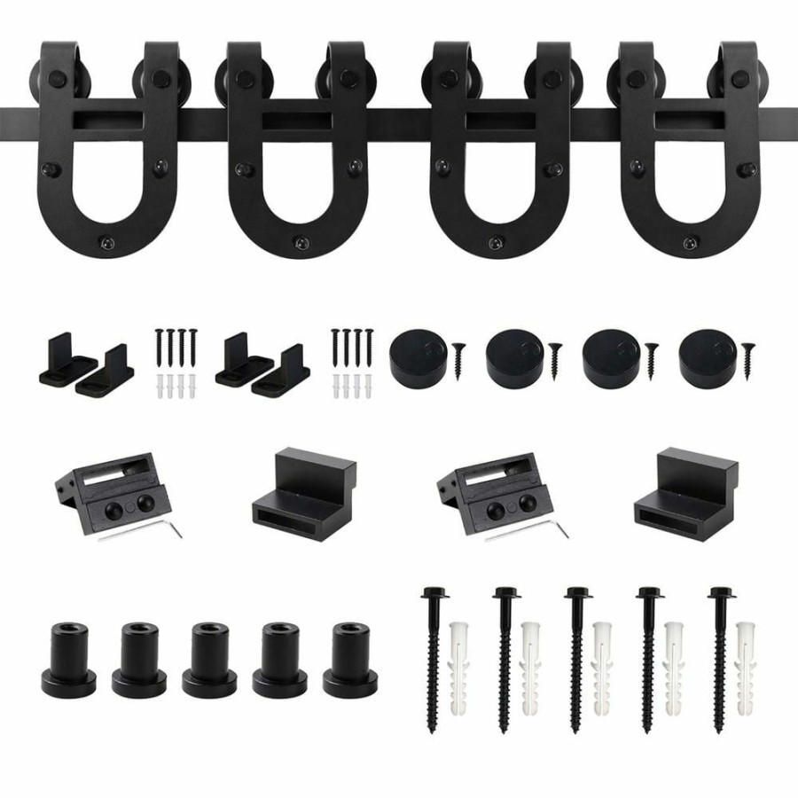 Door Hardware * | Hot Sale Winsoon 6 Ft./72 In. Black Horseshoe Classic Bent Strap Barn Style Sliding Door Track And Hardware Set Non-Routed Door Guide