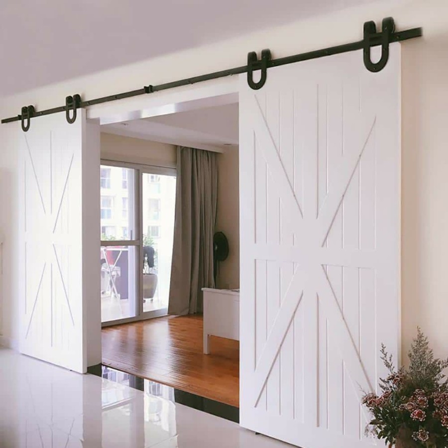 Door Hardware * | Hot Sale Winsoon 6 Ft./72 In. Black Horseshoe Classic Bent Strap Barn Style Sliding Door Track And Hardware Set Non-Routed Door Guide