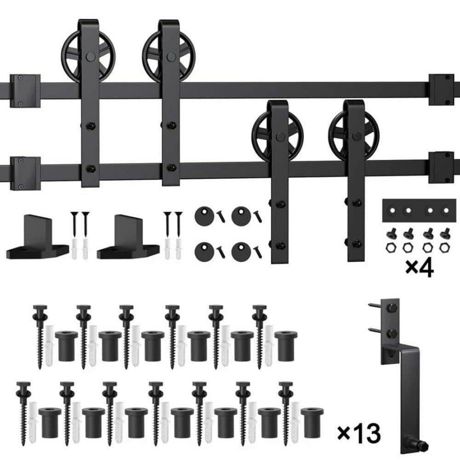 Door Hardware * | Buy Winsoon 16 Ft./192 In. Black Sliding Bypass Barn Door Hardware Track Kit For Double Doors With Non-Routed Floor Guide