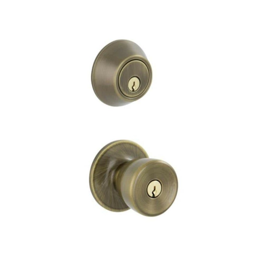 Door Hardware * | New Essentials By Schlage Antique Brass Single Cylinder Deadbolt And Brill Entry Door Knob Combo Pack