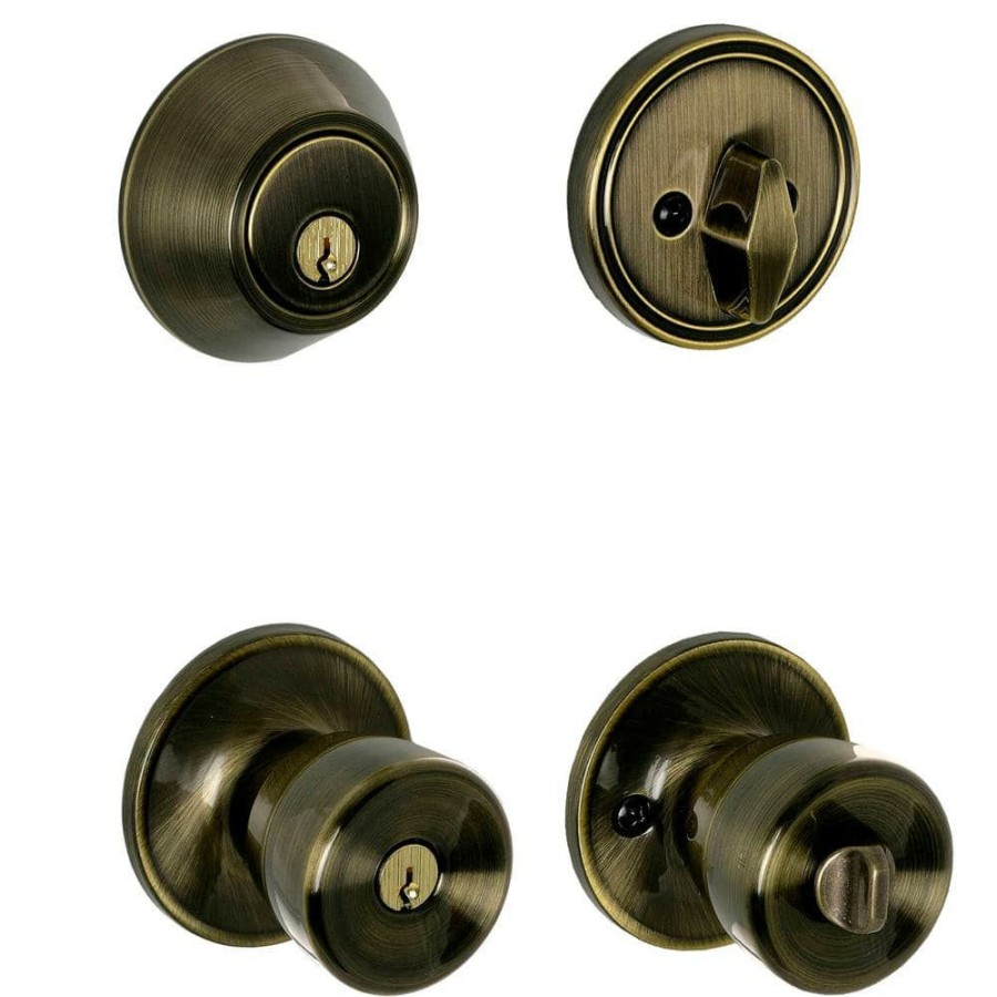 Door Hardware * | New Essentials By Schlage Antique Brass Single Cylinder Deadbolt And Brill Entry Door Knob Combo Pack