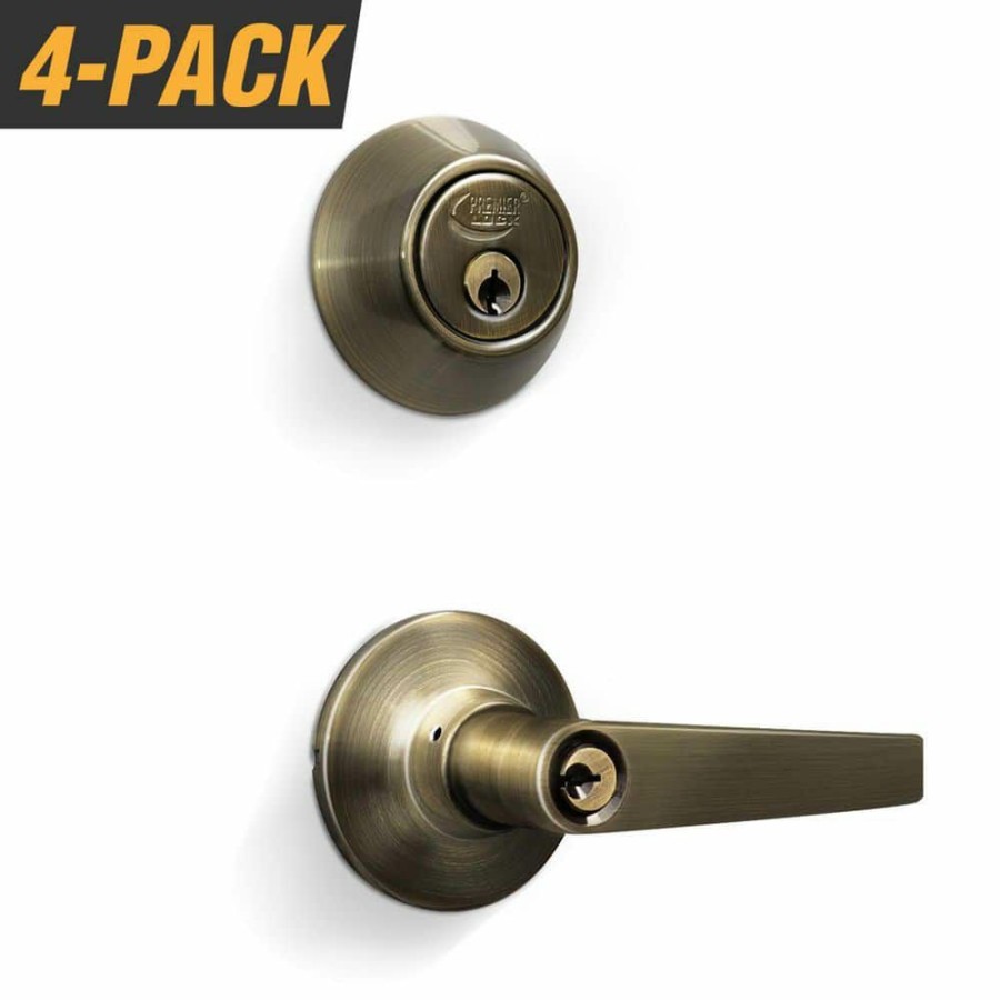 Door Hardware * | Best Sale Premier Lock Antique Brass Entry Lock Set Door Lever Handle And Deadbolt Keyed Alike Kw1 Keyway. 16 Total Keys, Keyed Alike By Set