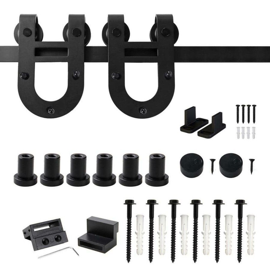 Door Hardware * | Best Pirce Winsoon 7.5 Ft./90 In. Black Horseshoe Classic Bent Strap Barn Style Sliding Door Track And Hardware Set Non-Routed Door Guide