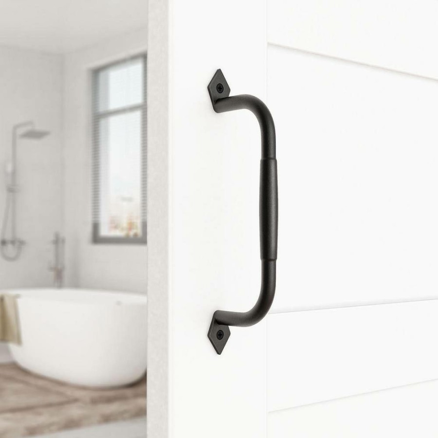 Door Hardware * | Best Sale Winsoon 10-1/16 In. L Black Coated Sliding Barn Door Pull Handle Set Rustic Metal Fence Handle Pull And Flush Hardware Set