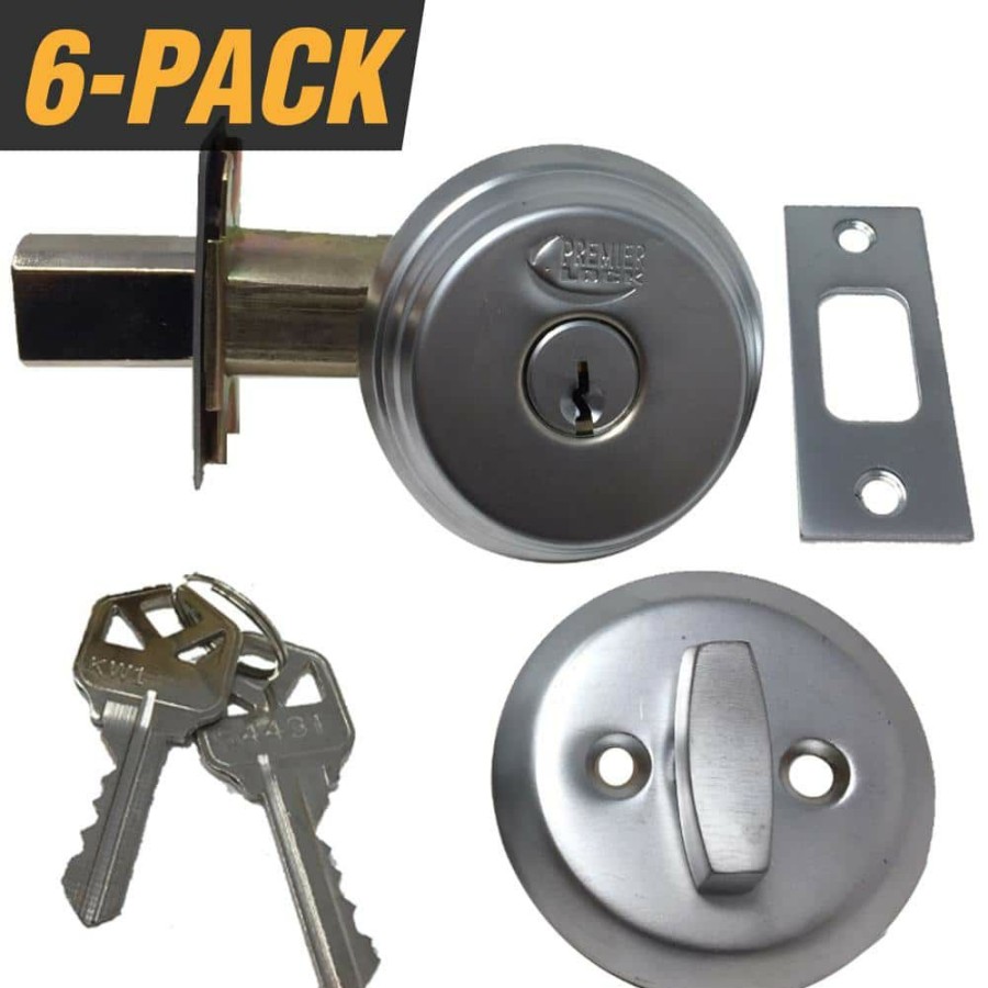 Door Hardware * | Best Sale Premier Lock Satin Chrome Arrow Style Door Lock Single Cylinder Deadbolt With 2-3/8 In. Latch And 12 Kw1 Keys (6-Pack)