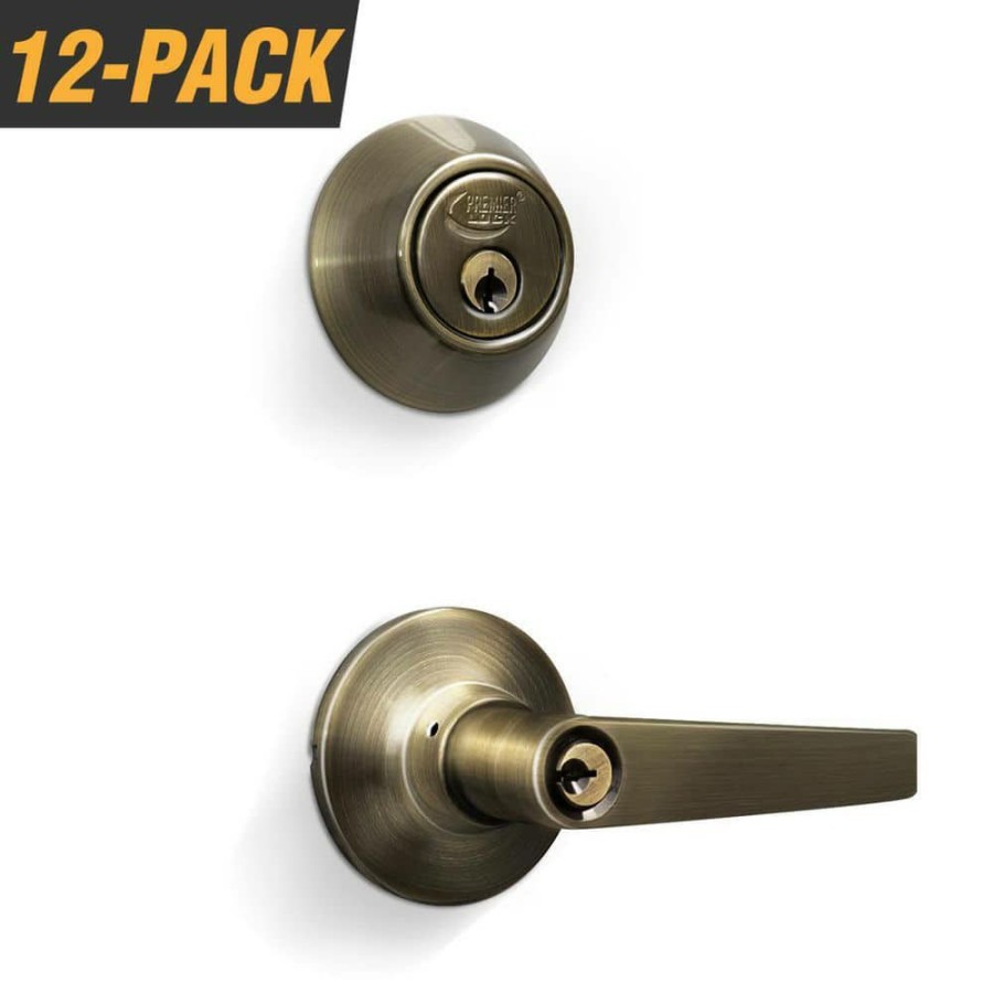 Door Hardware * | Brand New Premier Lock Antique Brass Entry Lock Set Door Lever Handle And Deadbolt Keyed Alike Kw1 Keyway. 48 Total Keys, Keyed Alike By Set