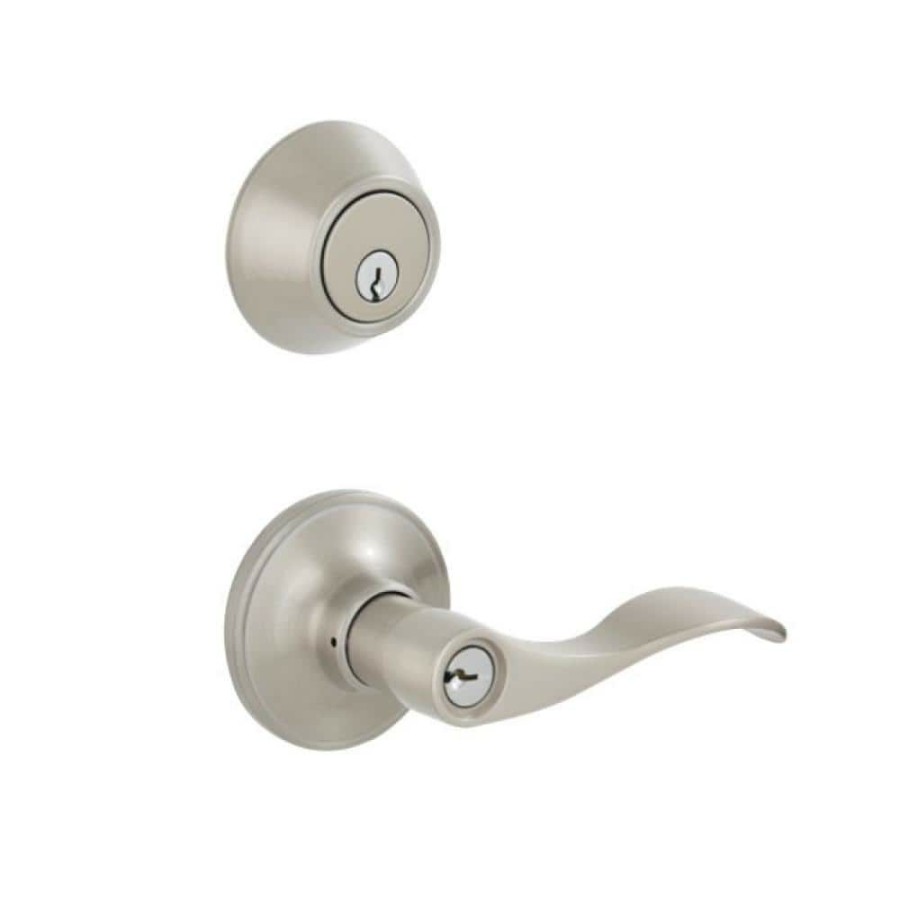 Door Hardware * | Promo Essentials By Schlage Satin Nickel Entry Single Cylinder Deadbolt And Millstreet Keyed Handle Combo Pack