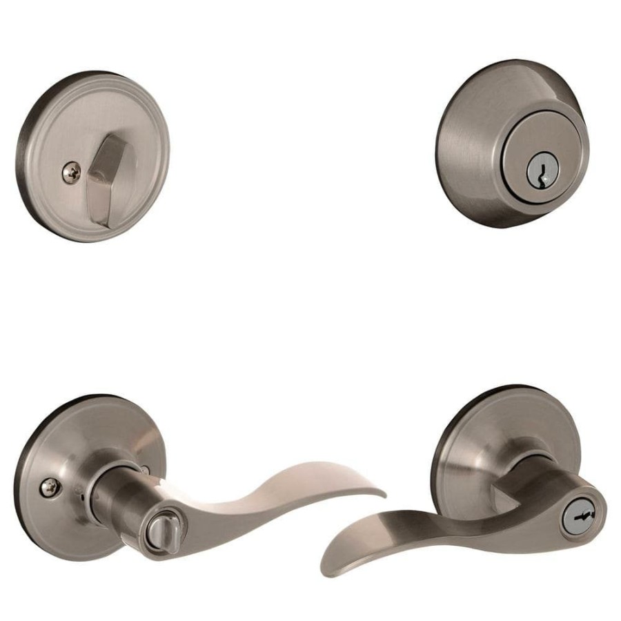 Door Hardware * | Promo Essentials By Schlage Satin Nickel Entry Single Cylinder Deadbolt And Millstreet Keyed Handle Combo Pack