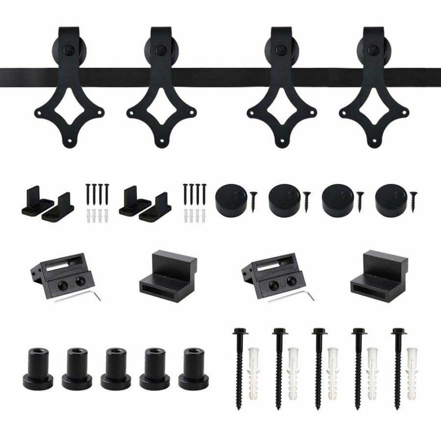 Door Hardware * | Cheap Winsoon 6.6 Ft./79 In. Rail Frosted Black Steel Sliding Barn Door Hardware Kit For Double Doors With Non-Routed Floor Guide