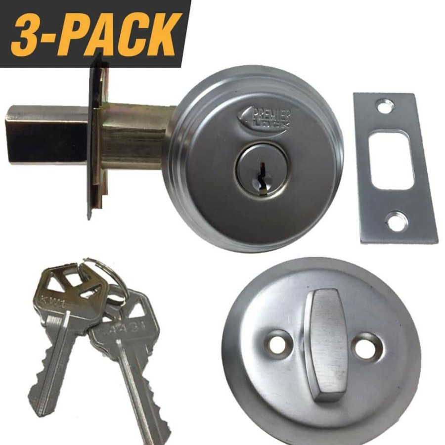 Door Hardware * | Hot Sale Premier Lock Satin Chrome Arrow Style Door Lock Single Cylinder Deadbolt With 2-3/8 In. Latch And 6 Kw1 Keys (3-Pack)