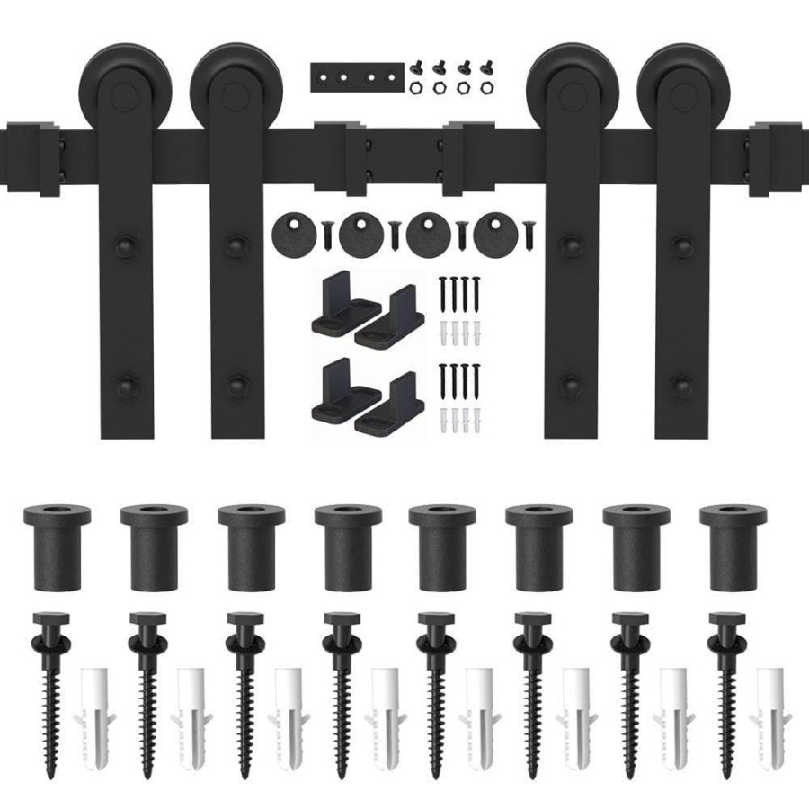 Door Hardware * | Outlet Winsoon 11 Ft./132 In. Frosted Black Strap Sliding Barn Door Track Hardware Kit For Double Wood Doors Non-Routed Floor Guide