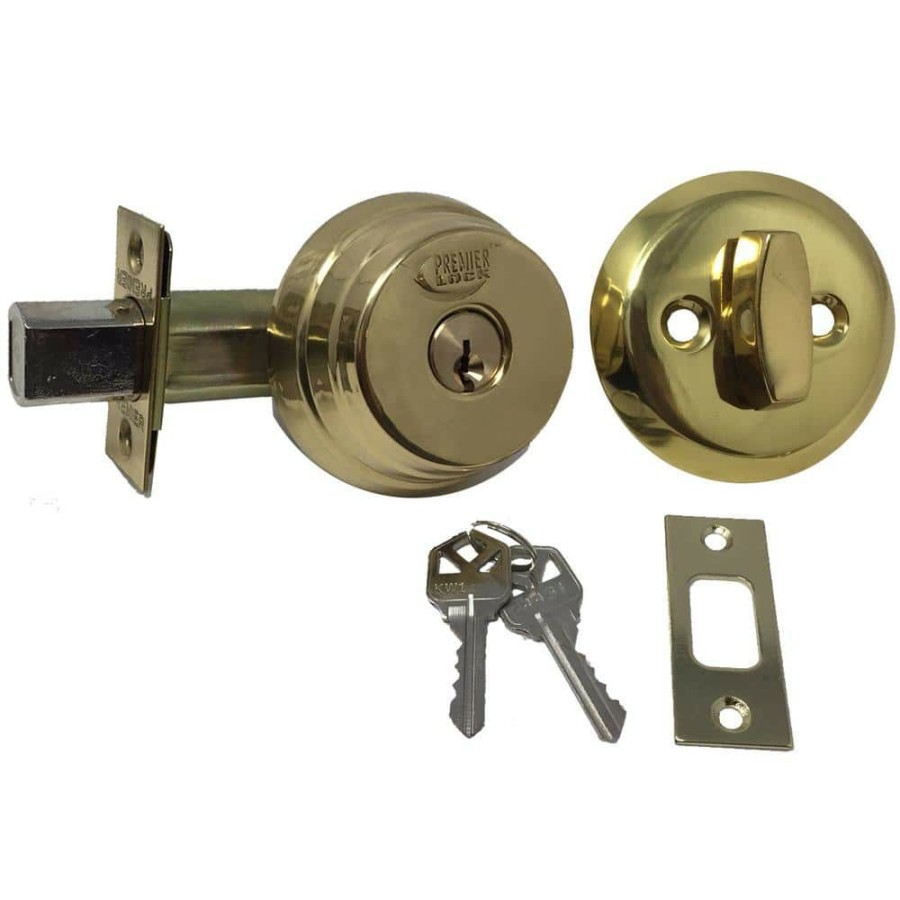 Door Hardware * | New Premier Lock Brass Arrow Style Door Lock Single Cylinder Deadbolt With 2-3/8 In. Latch And 4 Kw1 Keys Keyed Alike (2-Pack)