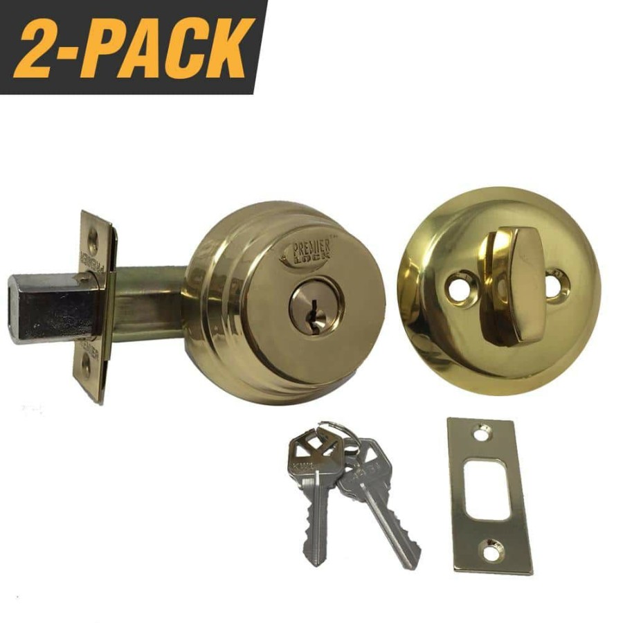 Door Hardware * | New Premier Lock Brass Arrow Style Door Lock Single Cylinder Deadbolt With 2-3/8 In. Latch And 4 Kw1 Keys Keyed Alike (2-Pack)