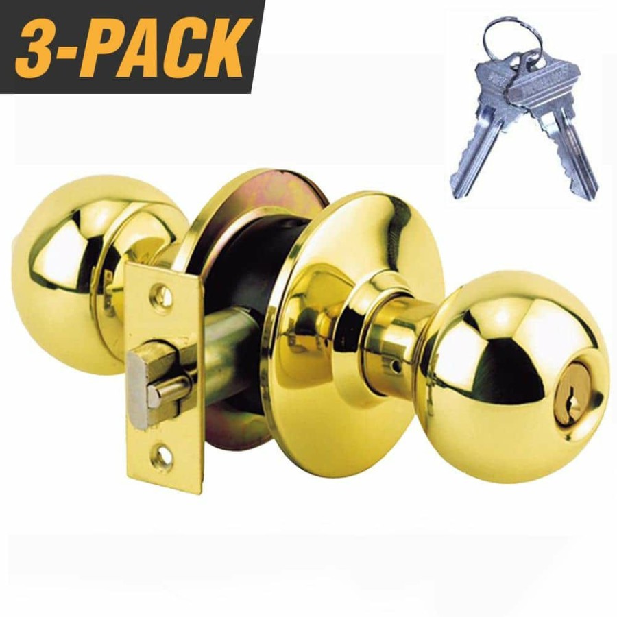 Door Hardware * | Promo Premier Lock Brass Grade 2 Entry Door Knob With 6 Sc1 Keys (3-Pack, Keyed Alike)