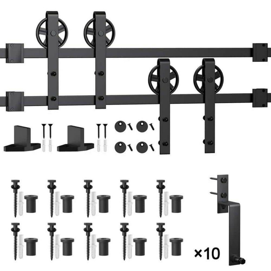 Door Hardware * | Top 10 Winsoon 13 Ft./156 In. Black Sliding Bypass Barn Door Hardware Track Kit For Double Doors With Non-Routed Floor Guide