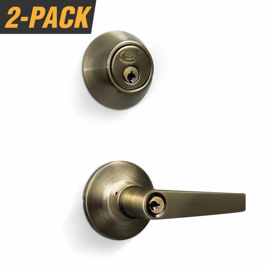 Door Hardware * | Best Deal Premier Lock Antique Brass Entry Lock Set Door Lever Handle And Deadbolt Keyed Alike Kw1 Keyway. 8 Total Keys, Keyed Alike By Set