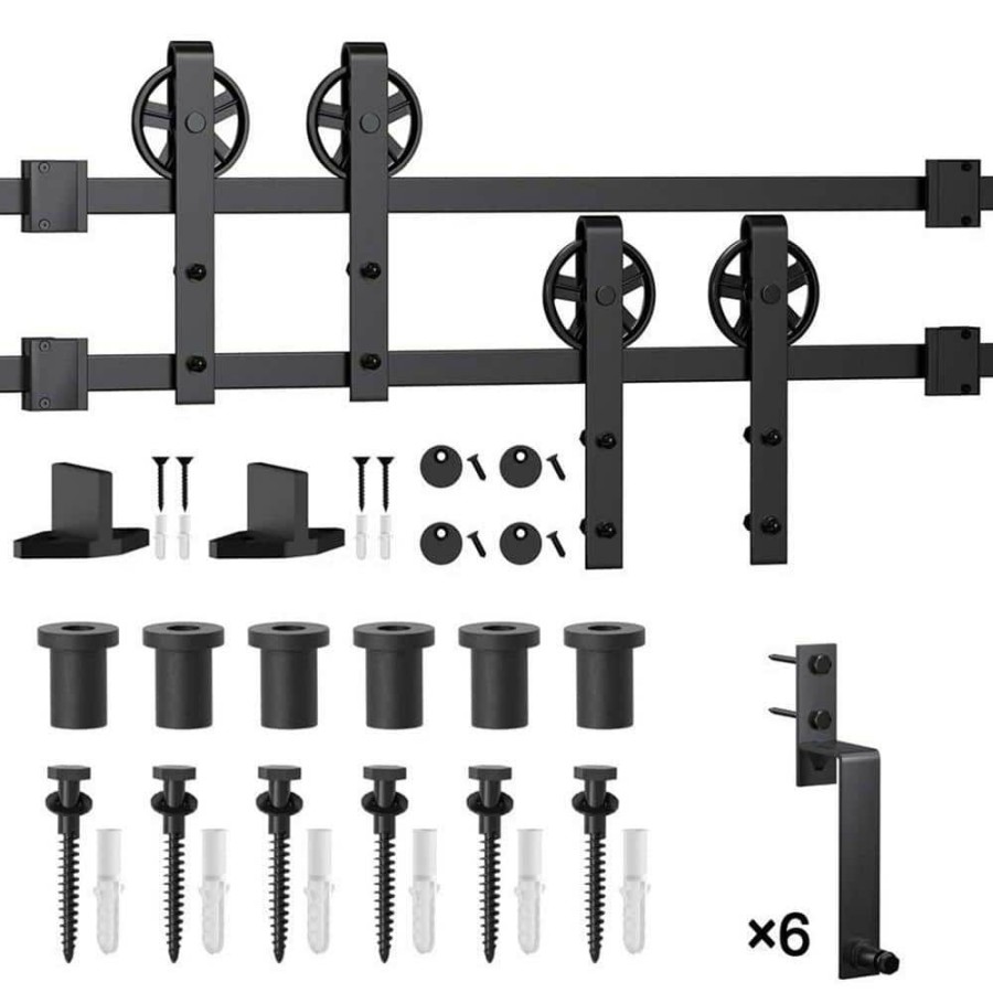 Door Hardware * | Flash Sale Winsoon 9 Ft./108 In. Black Sliding Bypass Barn Door Hardware Track Kit For Double Doors With Non-Routed Floor Guide