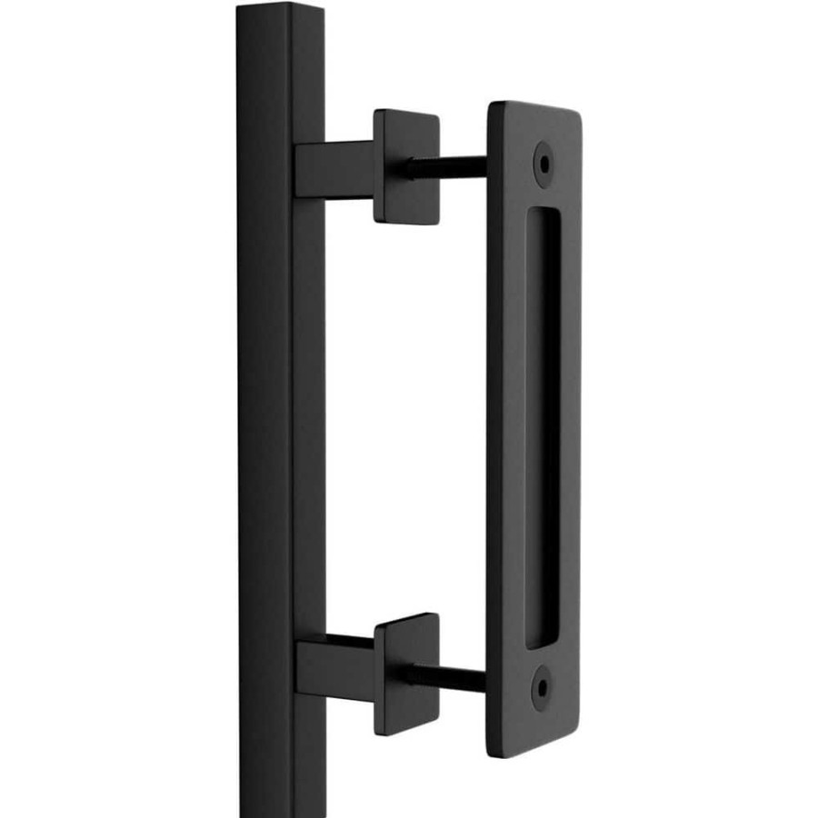 Door Hardware * | Discount Winsoon 12 In. L Black Powder Coated Finish Pull And Flush Barn Door Handle Set, Large Rustic Two-Side Design