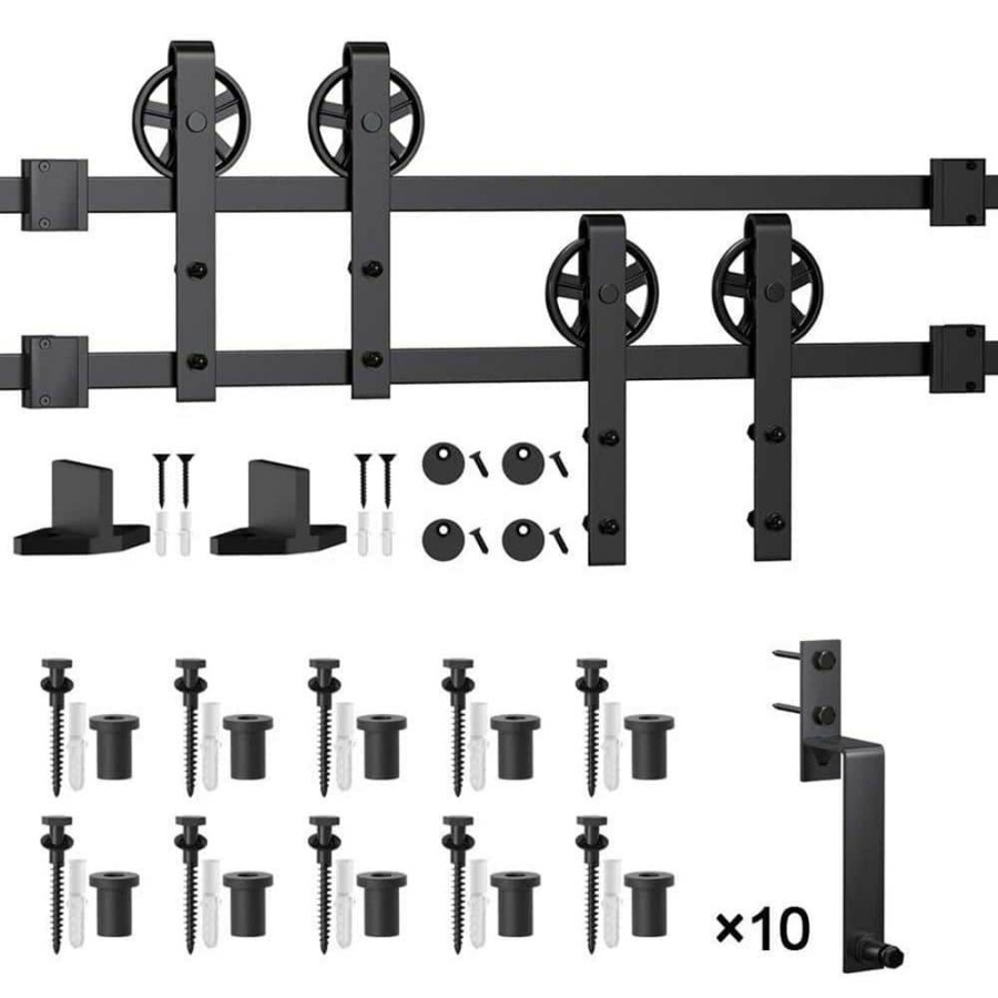 Door Hardware * | Hot Sale Winsoon 12 Ft./144 In. Black Sliding Bypass Barn Door Hardware Track Kit For Double Doors With Non-Routed Floor Guide