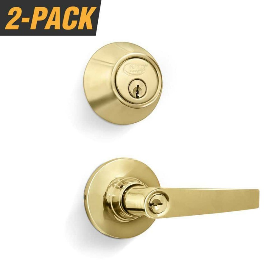 Door Hardware * | Outlet Premier Lock Polished Brass Entry Lock Set Door Lever Handle And Deadbolt Keyed Alike Kw1 Keyway. 8 Total Keys, Keyed Alike By Set