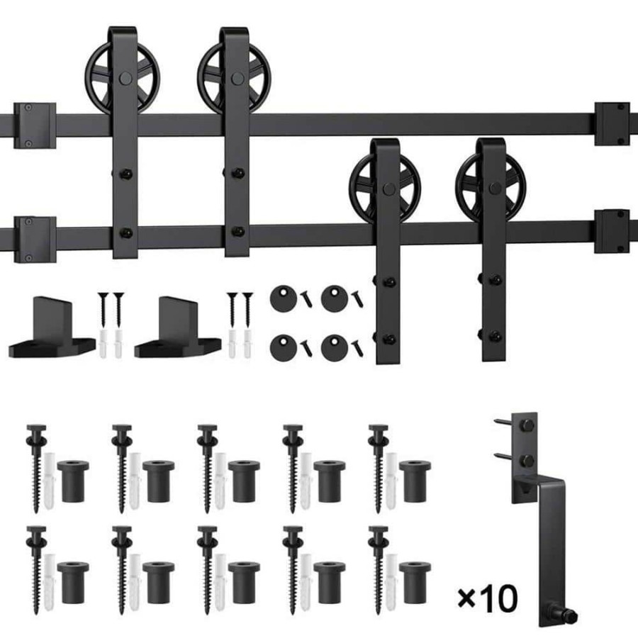 Door Hardware * | Brand New Winsoon 14 Ft./168 In. Black Sliding Bypass Barn Door Hardware Track Kit For Double Doors With Non-Routed Floor Guide