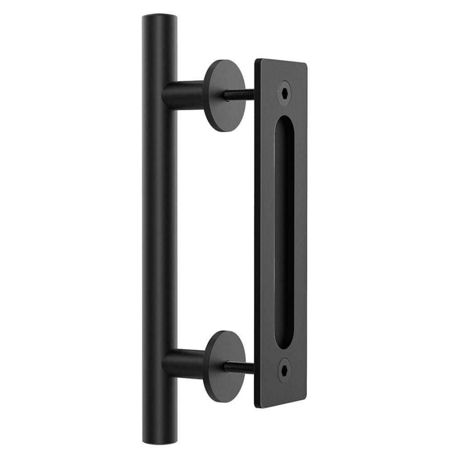 Door Hardware * | Top 10 Winsoon 12 In. L Modern Rustic Black Satin Nickel Sliding Barn Door Handle Pull And Flush Hardware Set