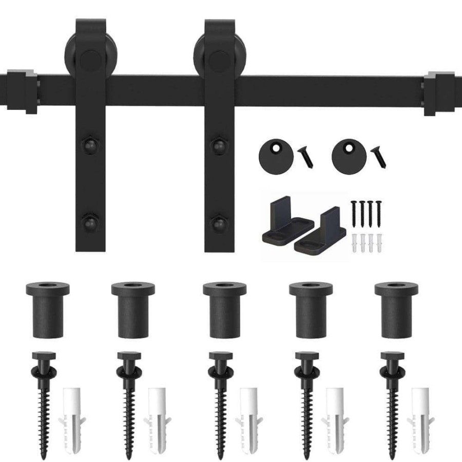 Door Hardware * | Top 10 Winsoon 6 Ft./72 In. Frosted Black Sliding Barn Door Hardware Track Kit For Single With Non-Routed Floor Guide