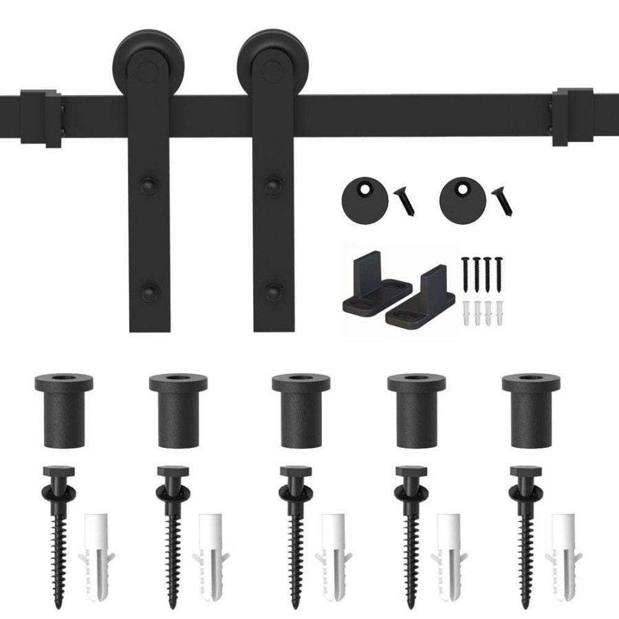 Door Hardware * | Promo Winsoon 6 Ft. Frosted Black Strap Sliding Barn Door Track Hardware Kit For Single Wood Door With Non-Routed Floor Guide