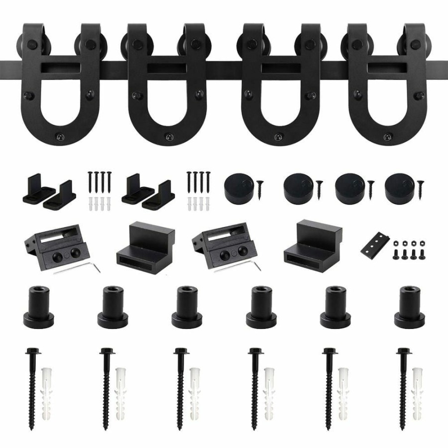 Door Hardware * | Outlet Winsoon 8 Ft. /96 In. Black Horseshoe Classic Bent Strap Barn Style Sliding Door Track And Hardware Set Non-Routed Door Guide