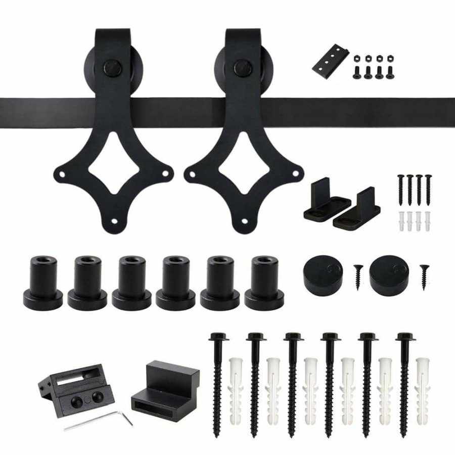 Door Hardware * | Top 10 Winsoon 8 Ft./96 In. Rail Frosted Black Steel Sliding Barn Door Hardware Kit For Single Door With Non-Routed Floor Guide