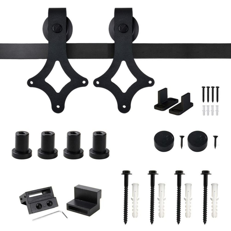 Door Hardware * | Budget Winsoon 5 Ft./60 In. Rail Frosted Black Steel Sliding Barn Door Hardware Kit For Single Door With Non-Routed Floor Guide