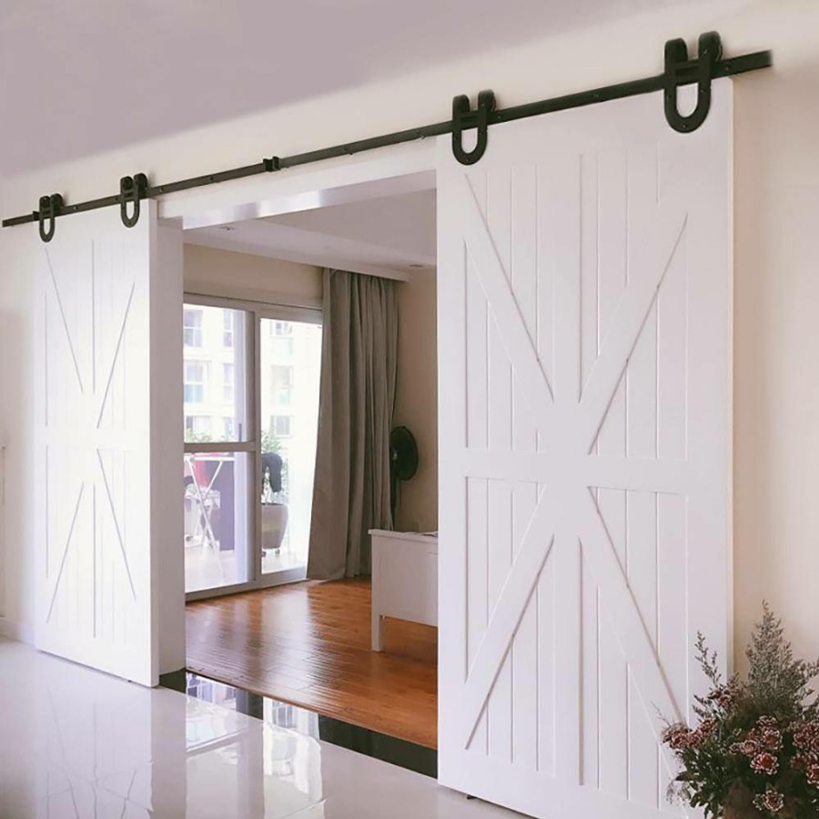 Door Hardware * | Best Reviews Of Winsoon 7.5 Ft./90 In. Black Horseshoe Classic Bent Strap Barn Style Sliding Door Track And Hardware Set Non-Routed Door Guide